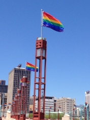 freedom to marry-Wabasha Street bridge decorated in rainbow flags